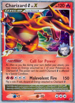 This image shows a Charizard LV.X Pokémon card (HP 120) from the Rising Rivals set, featuring artwork that breaks out of the card border showing the fiery dragon leaping dynamically across the card face. The card displays attacks "Call for Power" and "Malevolent Fire" (150 damage), directly relating to the post's nostalgic appreciation for LV.X cards and their innovative border-breaking artwork from that era.