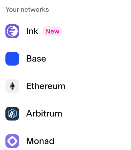 A cryptocurrency wallet interface displaying 'Your networks' with options including Ink (marked as New), Base, Ethereum, Arbitrum, and Monad.