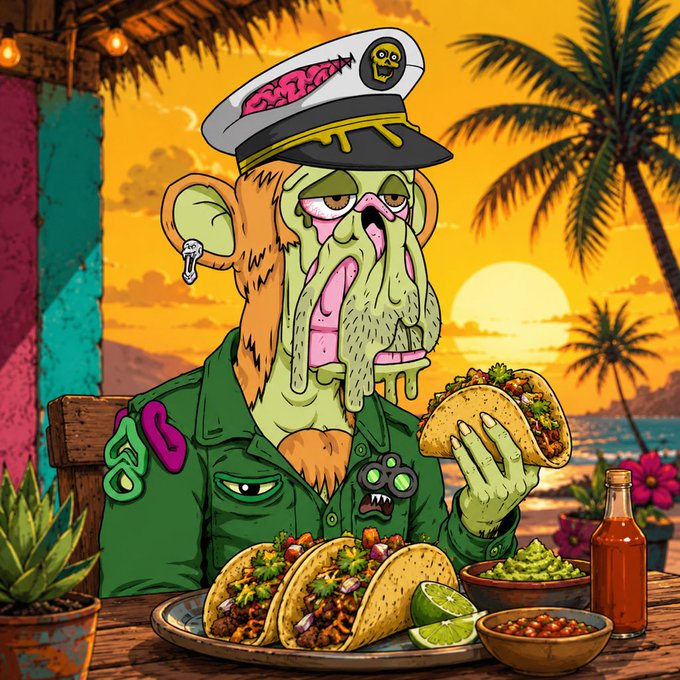 A cartoon illustration depicts a green, zombie-like character wearing a captain's hat and holding a taco, seated at a table with plates of tacos, lime wedges, guacamole, and hot sauce against a tropical sunset backdrop.