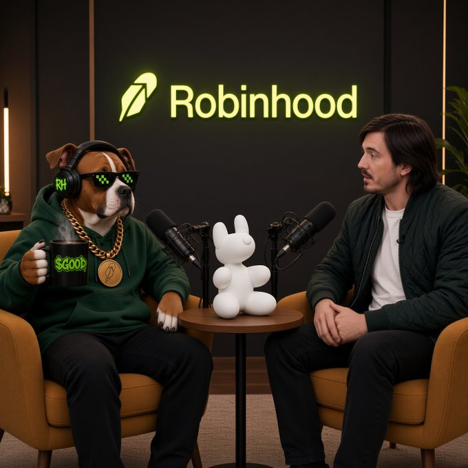 A dog wearing pixelated "deal with it" sunglasses, a gold chain, and a green hoodie holds a mug reading "$GOOD" while sitting across from a long-haired man in a podcast-style setup beneath a glowing green "Robinhood" logo, with a white inflatable dog figure and two microphones between them—illustrating the "$GOOD x DOGGIE $100 Robinhood Giveaway" post by depicting the "OG hood dog" in a casual interview scene.