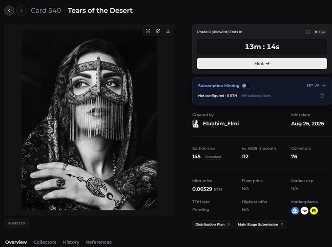 A screenshot of an NFT marketplace page displaying Card 540, "Tears of the Desert," a black-and-white photograph of a veiled woman with henna-adorned hands, created by Ebrahim_Elmi, with minting ending in 13 minutes and 14 seconds at a price of 0.06529 ETH. The image aligns with the caption's suggestion that the piece is worth the mint price for interested collectors, given the limited edition size of 145 and only 112 of 6529 already minted.