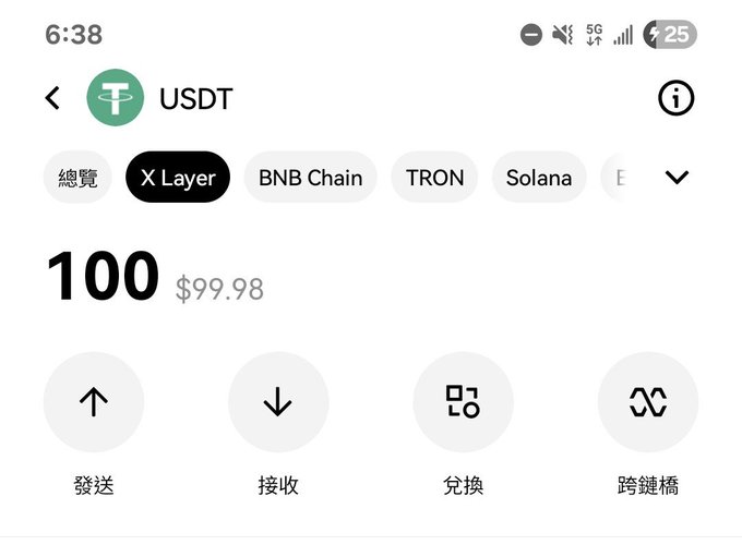 A cryptocurrency wallet app screenshot showing a USDT balance of 100 ($99.98) on the X Layer network, with options for Send (發送), Receive (接收), Swap (兌換), and Cross-chain (跨鏈橋).
