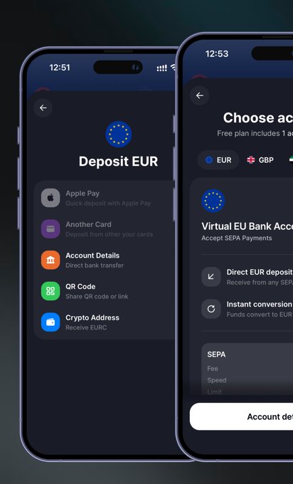 A smartphone screenshot of a crypto banking app showing a 'Deposit EUR' screen with options including Apple Pay, Another Card, Account Details, QR Code, and Crypto Address.