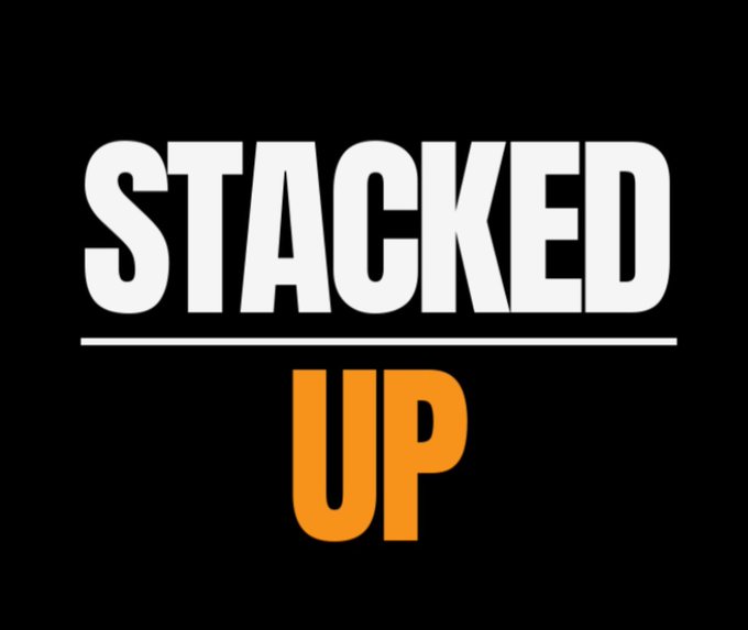 The image features a bold logo with the text "STACKED UP" in white and orange letters on a black background, with a horizontal line separating the two words. It serves as the branded graphic for the "Stacked Up" weekly livestream mentioned in the post, which covers the Stacks ecosystem and is hosting a $100 $LEO giveaway.