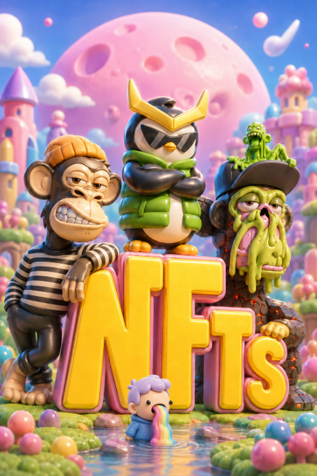 A 3D-rendered, colorful scene featuring stylized characters, including a monkey in a striped shirt and a penguin in a vest, standing behind large yellow 'NFTs' text, with a smaller character vomiting a rainbow in the foreground.