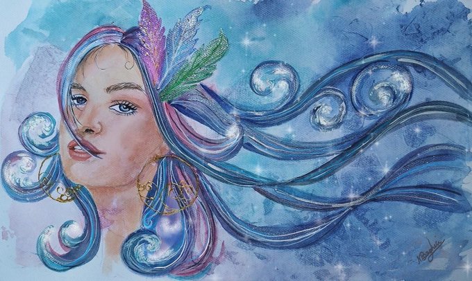 A watercolor painting of a serene woman with flowing blue and purple hair decorated with colorful feathers, set against a sparkling blue background.