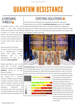 A Zecure Estates article titled 'QUANTUM RESISTANCE' discussing existing solutions for post-quantum cryptography and the evolving threat of quantum computing to SHA-256 and Bitcoin mining.