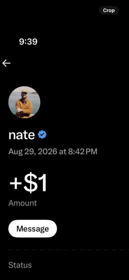 A Venmo screenshot showing a transaction of +$1 sent to a verified user named Nate on Aug 29, 2026 at 8:42PM, with a 'Message' button and 'Status' section visible at the bottom.