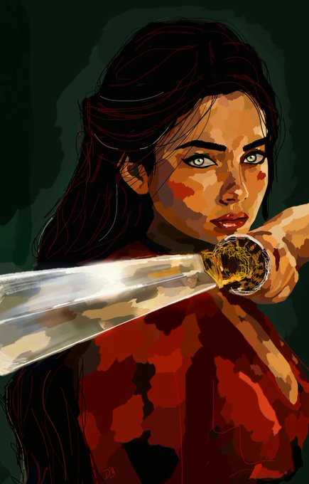 A stylized digital illustration of a dark-haired woman with green eyes holding a katana sword, wearing a dark red garment against a dark background.