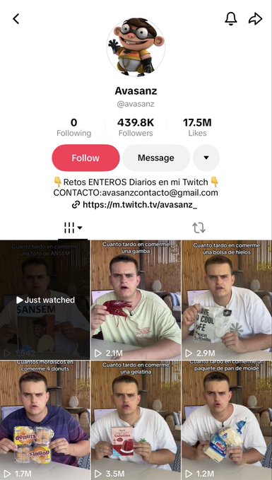 A TikTok profile for "Avasanz" (@avasanz) showing 439.8K followers and 17.5M likes, featuring a grid of videos titled "Cuanto tardo en comerme..." (how long it takes me to eat...) where a man consumes various items like gummies, hot sauce, ice cream, donuts, gelatin, and bread, including one labeled "Just watched SANSEM" with 1.7M views.