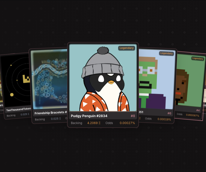 A collection of digital NFT cards displayed in a fan arrangement, with the central featured card showing a "Pudgy Penguin #2834" wearing a gray beanie and orange patterned shirt, marked as "Legendary" with backing of 4.2069 ETH and odds of 0.00027%, flanked by other Legendary cards including "Friendship Bracelet" and pixelated character cards like "#4051" and "#4," illustrating the legendary pool where the Pudgy Penguin NFT is listed for sale on the Friends With Benefits ($FWB/FWA) platform.