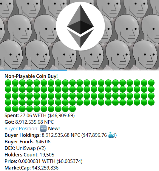 A cryptocurrency page for 'Non-Playable Coin' (NPC) on Uniswap V2, showing it spent 27.06 WETH ($46,909.69), received 8,912,535.68 NPC, with a market cap of $43,259,836.