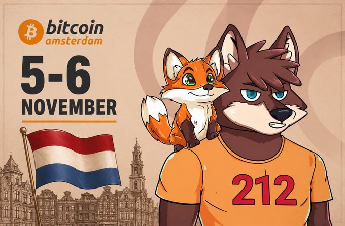 Promotional graphic for the 'Bitcoin Amsterdam' conference on November 5-6, featuring cartoon fox and wolf mascots and the Dutch flag.