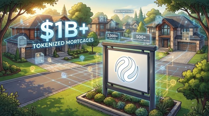 A digital illustration shows suburban houses with overlay graphics reading "$1B+ TOKENIZED MORTGAGES," "2,000+," "500+," and "$10B PORTFOLIO" alongside an Injective logo on a billboard, suggesting a real-world asset tokenization initiative.
