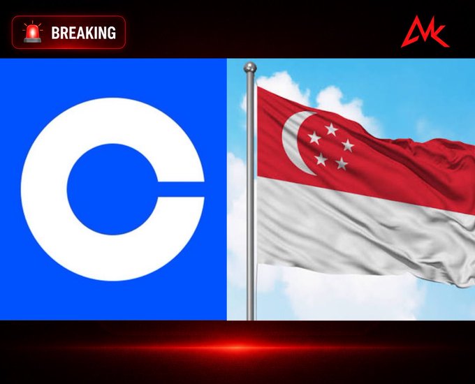 A "BREAKING" news graphic from MK displays the Coinbase logo alongside the Singapore flag, illustrating the company's expansion plans to grow its Singapore workforce from 150 to 200 employees by year-end.