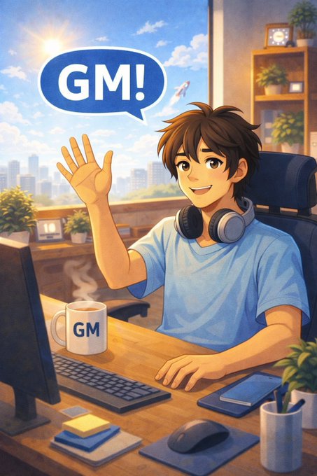 An anime-style illustration of a smiling young man at a computer desk wearing headphones, waving and saying 'GM!' with a GM coffee mug on his desk.