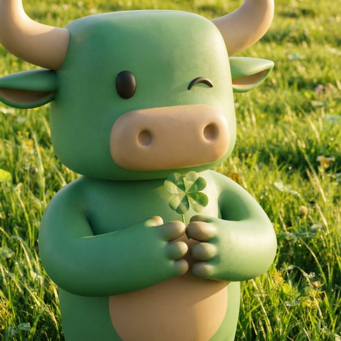 A 3D-rendered green bull character with a winking expression holding a small four-leaf clover while standing in a sunlit grassy field.