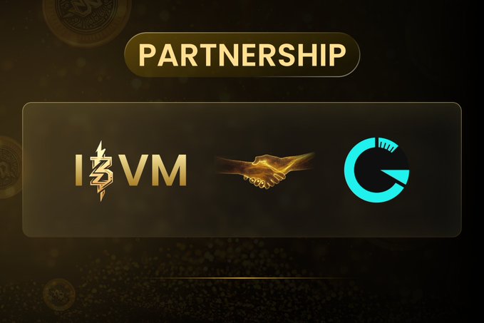 A digital graphic announces a 'PARTNERSHIP' between the VMcoin and another entity represented by a teal 'G' logo, illustrated with a golden handshake.