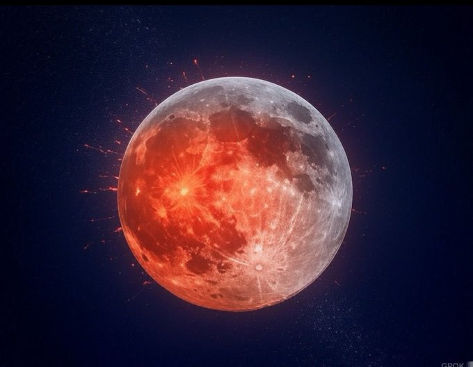 A dramatic image of the moon glowing with an intense red-orange fiery hue, surrounded by sparks against a dark starry sky, with "GROK" watermarked in the corner.
