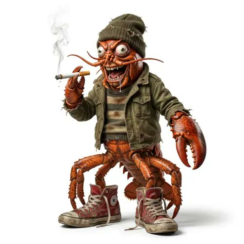 A cartoonish anthropomorphic lobster character wearing a green beanie, distressed army jacket, and worn red Converse high-tops smokes a cigarette while standing on its clawed legs. The quirky, edgy aesthetic of the "Brainrot" character aligns with the meme-style NFT being sold on the post.