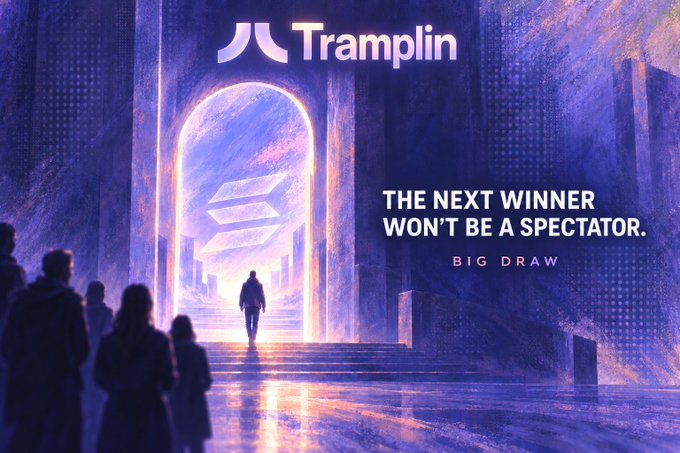 A promotional banner for 'Tramplin' featuring a glowing archway and a silhouette walking through it, with the text 'THE NEXT WINNER WON'T BE A SPECTATOR. BIG DRAW'.