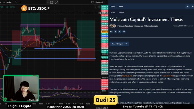 A livestream titled 'ThiênBỉ Crypto' displays a BTC/USDC.P trading chart alongside an article 'Multicoin Capital's Investment Thesis' from February 6, 2019, with 'Buổi 25' overlaid.
