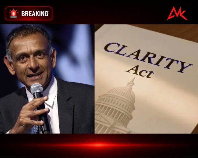 News graphic with a 'BREAKING' banner showing a man speaking into a microphone alongside the text 'CLARITY Act' and an image of the U.S. Capitol.
