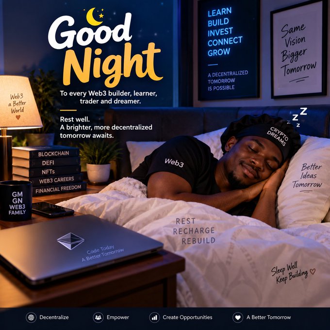 A 'Good Night' promotional graphic for Web3 featuring a sleeping man in a 'Crypto Dreams' sleep mask, surrounded by text including 'LEARN BUILD INVEST CONNECT GROW', 'Rest well. A brighter, more decentralized tomorrow awaits.', and various Web3-related labels.