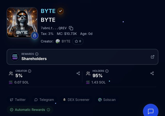 A cryptocurrency token page for 'BYTE' (7abnLt...QREV) with a 3% tax, market cap of $10.73K, showing creator receiving 5% (0.07 SOL) and holders receiving 95% (1.43 SOL) in rewards, with links to Twitter, Telegram, DEX Screener, and Solscan.
