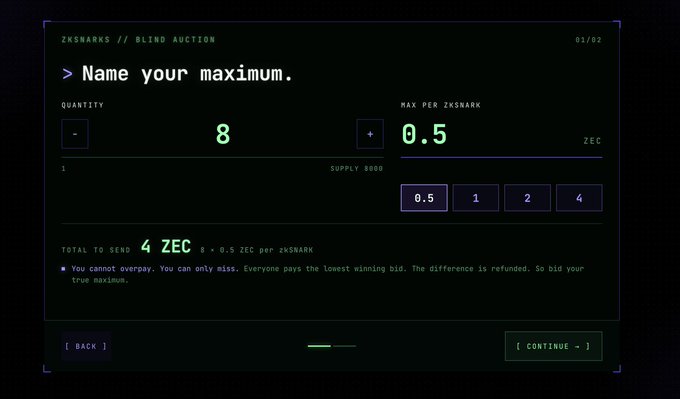 A retro-styled ZKNSHARKS // BLEND AUCTION interface with the prompt '> Name your maximum,' showing a quantity of 8 and a max per zkShark of 0.5 ZEC, with options for 0.5, 1, 2, and 4 ZEC, totaling 4 ZEC to send.