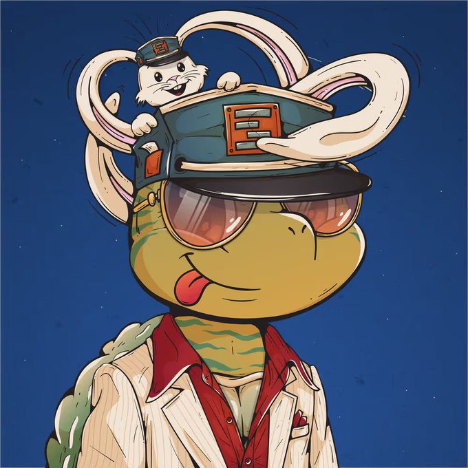 A cartoon drawing of a turtle wearing sunglasses and a suit with its tongue sticking out, with a white rabbit peeking out from inside its hat.