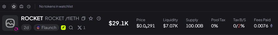 A cryptocurrency watchlist interface showing a token called ROCKET with ticker ROCKET/IETH, displaying a market cap of $29.1K, price $0.0291, liquidity $7.07K, and supply of 100.00B.