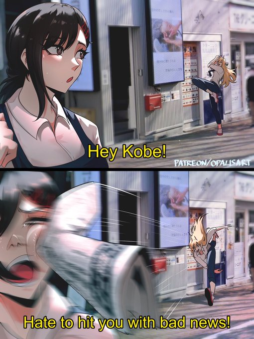 A two-panel anime-style comic showing a dark-haired girl in a white shirt saying "Hey Kobe!" and "Hate to hit you with bad news!" while another character runs in the background; watermarked "PATREON/OPALISART".