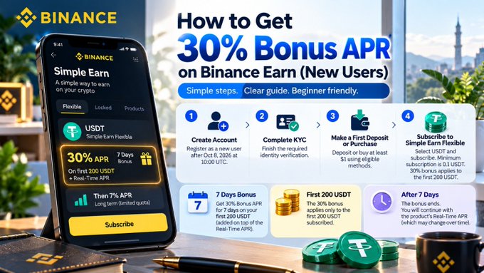 A promotional banner for Binance Simple Earn featuring a smartphone displaying a 30% APR offer on USDT, alongside step-by-step instructions for new users to create an account, complete KYC, make a first deposit, and subscribe to Simple Earn Flexible, with callouts highlighting the 7 Days Bonus, the first 200 USDT eligibility, and post-offer Real-Time APR returns.