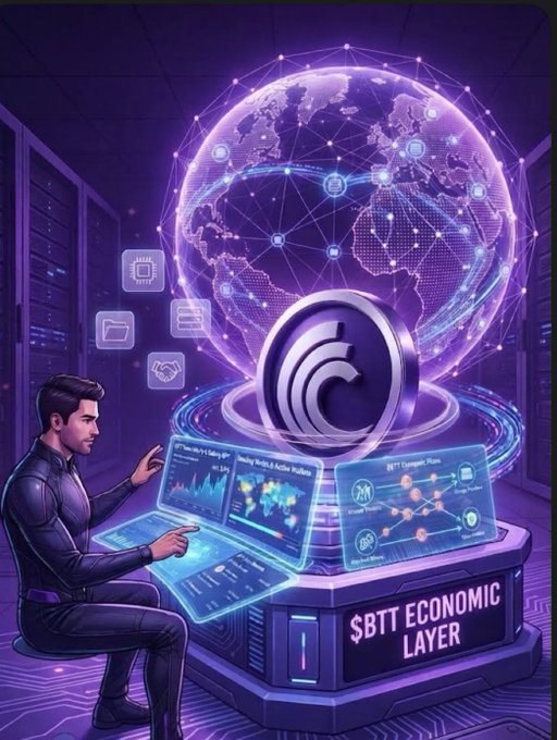 A digital illustration shows a person interacting with holographic screens and a globe labeled '$BTT ECONOMIC LAYER' in a futuristic purple setting.