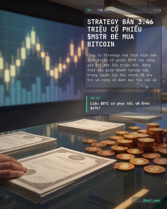 Vietnamese-language crypto news graphic about Strategy (formerly MicroStrategy) selling 3.46 million MSTR shares to buy Bitcoin, featuring stock charts, cash stacks, and Bitcoin coins.