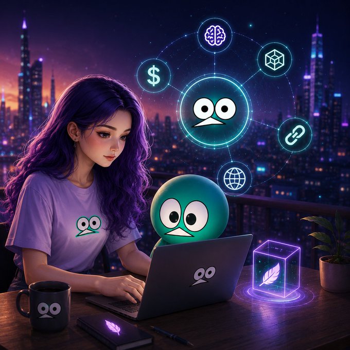 An AI-generated illustration of a purple-haired anime girl working on a laptop, with a green owl-like mascot and floating icons representing AI, money, blockchain, and links against a city skyline.