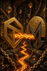 A stylized 3D render of two metallic cryptocurrency coins (possibly 'SM' or 'S' branding) connected by a glowing lava-like bridge against a dark, treasure-filled background.