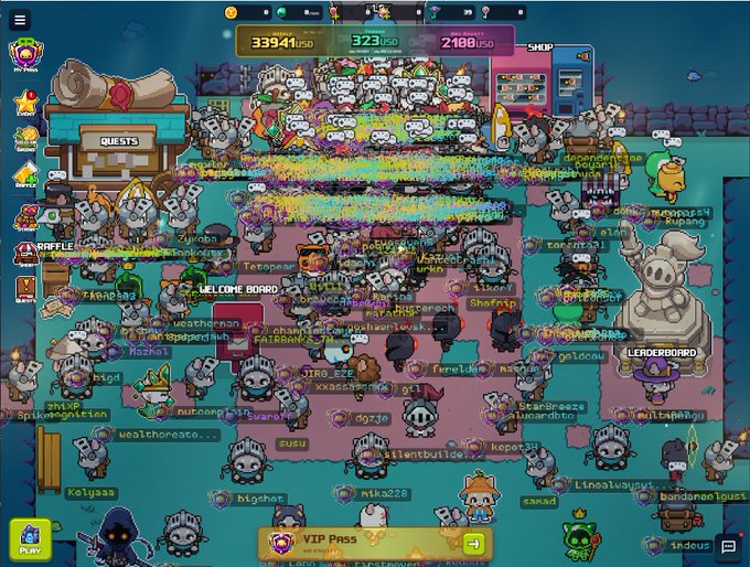A screenshot from a 2D online multiplayer game featuring numerous player avatars, mostly skeleton characters with rabbit ears, crowded together with chat messages and usernames visible.