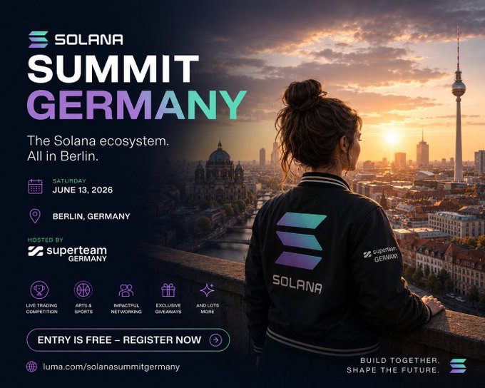 The image features a woman wearing a black jacket with a purple logo that says "Solana" on it, standing on top of a building overlooking a city skyline at sunset. The backdrop includes a sunset over a cityscape, which adds to the overall atmosphere of the scene. Below her is an advertisement for Solana Summit Germany, promoting the event and encouraging people to attend.