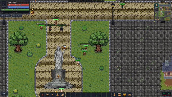 A screenshot of a 2D top-down MMORPG game featuring player characters near a central statue on a cobblestone path, with a user interface displaying health bars, a minimap, and an inventory hotbar.