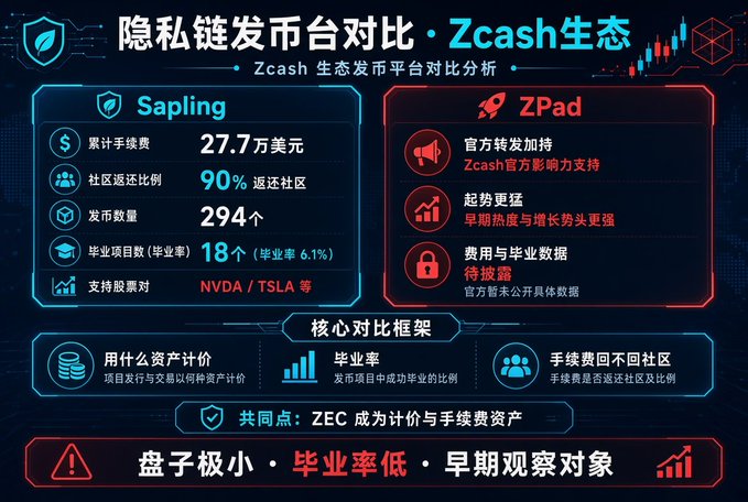 A Chinese-language infographic comparing two Zcash ecosystem token launch platforms, "Sapling" (showing 27.7万 USD cumulative fees, 90% community return rate, 294 tokens issued, 18 graduates/6.1% graduation rate, supporting NVDA/TSLA) and "ZPad" (official launch support, stronger early momentum), with a warning that the market cap is small and graduation rate is low.