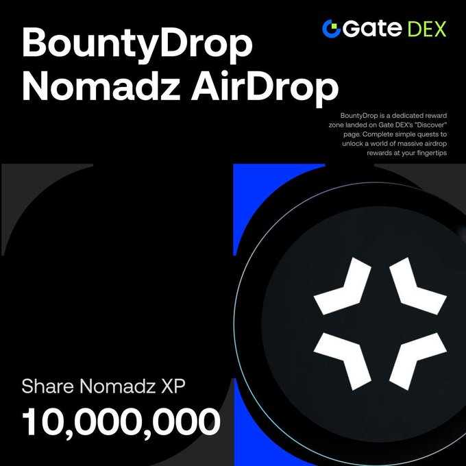 Promotional graphic for Gate DEX's BountyDrop featuring the Nomadz AirDrop, where users can complete quests to share in 10,000,000 Nomadz XP, with the Gate DEX logo displayed alongside a circular emblem containing a four-pointed star design.