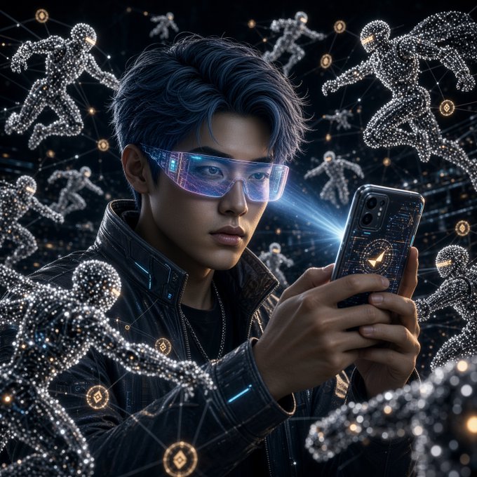 A digital art illustration of a young man wearing futuristic glowing purple/blue VR glasses and a black leather jacket, holding up a smartphone while surrounded by glowing network connections and white particle-based humanoid figures.