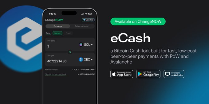 A promotional graphic for 'eCash' cryptocurrency, described as 'a Bitcoin Cash fork built for fast, low-cost peer-to-peer payments with PoW and Avalanche,' displayed alongside the ChangeNOW app interface showing a SOL to XEC exchange.