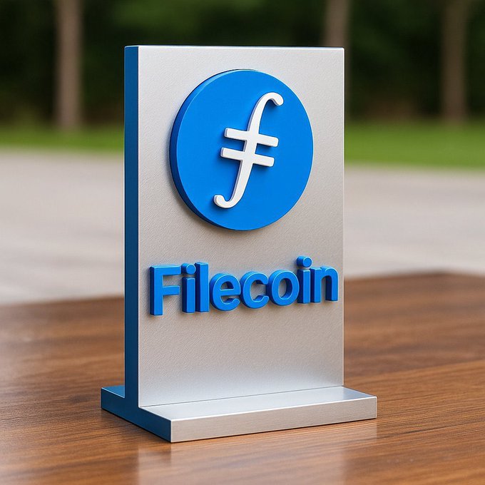 A 3D-rendered white and blue display plaque featuring the Filecoin cryptocurrency logo and the word 'Filecoin' in blue text.