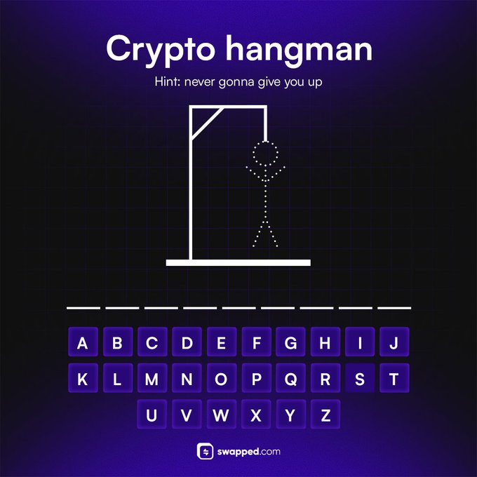 A digital "Crypto Hangman" game with the hint "never gonna give you up" displayed above a gallows illustration with a stick figure, featuring 9 blank letter slots and a full A-Z keyboard, suggesting the answer is likely "CRYPTOCURR" or a similar 9-letter crypto term.