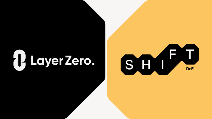 A promotional graphic split black and yellow displaying the 'Layer Zero' logo on the left and the 'SHIFT DeFi' logo on the right.