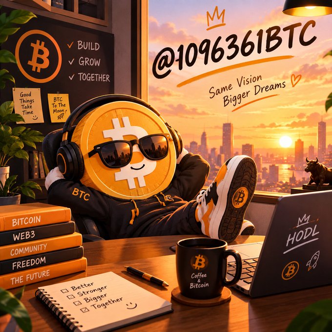 An illustrated Bitcoin mascot character wearing sunglasses and headphones, lounging at a desk with books labeled 'BITCOIN', 'WEB3', 'COMMUNITY', 'FREEDOM', 'THE FUTURE', a 'Coffee Bitcoin' mug, and the text '@1096361BTC' and 'Same Vision Bigger Dreams' against a sunset cityscape.