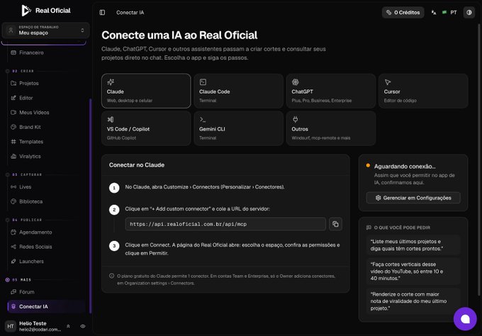 A screenshot of 'Real Oficial' platform interface in Portuguese, showing an AI connection page with options for Claude, ChatGPT, Cursor, VS Code/Copilot, and Gemini CLI, with instructions for connecting Claude.